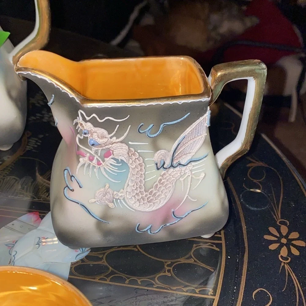 Vintage 21pc Moriyama Dragonwear hand painted Tea Set Japan Blue Bead Eyes